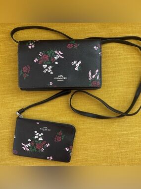 Coach floral leather crossbody bag/wristlet set